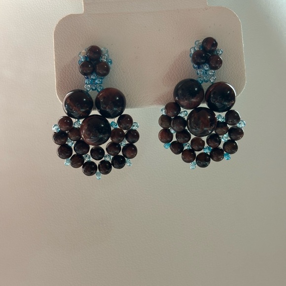 Hand crafted pierced post earrings red tiger eye stones blue seed beads - Picture 3 of 5